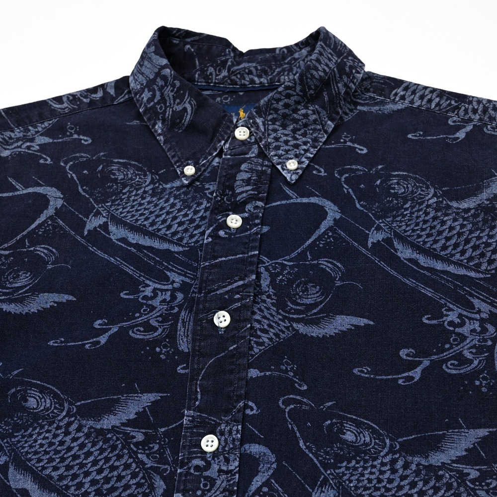 Polo Ralph Lauren‎ Slim Fit Button Up Shirt Men's L Blue Koi Fish All Over Print